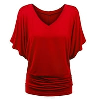Ženski topovi ležerna bluza s okruglim vratom jednobojne ženske ljetne košulje kratkih rukava crvene 3 inča