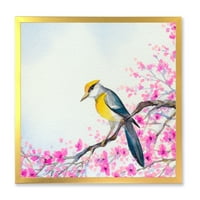 Prekrasna ptica koja sjedi na cvjetanoj grani uokvirenom slikanjem platna umjetnički tisak