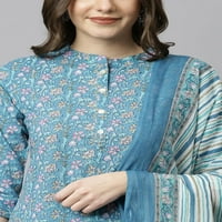 Ženska Plava pamučna Kurta u indijskom stilu s mandarinskim cvjetnim rukavima hlače i dupatta za žene