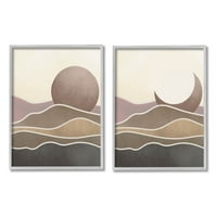 Pejzaž neutralnih tonova, grafika sunca i Mjeseca, zidni ispis u sivom okviru, set od 2