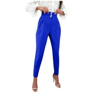 Ženske jednobojne uske hlače S patentnim zatvaračem S visokim strukom i džepom do sredine teleta u plavoj boji