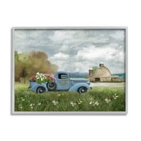 Stupell Industries Vintage Blue Truck Flower Buket Cloud Sky Farmhouse Grafička umjetnost siva uokvirena umjetnička