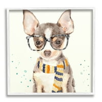 Stupell Industries Hipster Chihuahua štene s naočalama i šal akvarelom bijeli uokvireni umjetnički print zidni