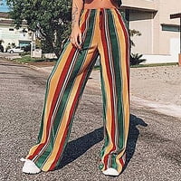Ženske lanene hlače na rasprodaji ženske hlače s prugastim printom široke hlače za slobodno vrijeme visokog struka
