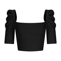 Ženski elegantni crop topovi s napuhanim rukavima s rebrastim četvrtastim dekolteom, osnovna majica s bluzom