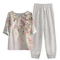 Ženske ljetne košulje s kratkim rukavima s okruglim vratom s cvjetnim printom, vrhovi + Ležerne hlače, dvodijelni